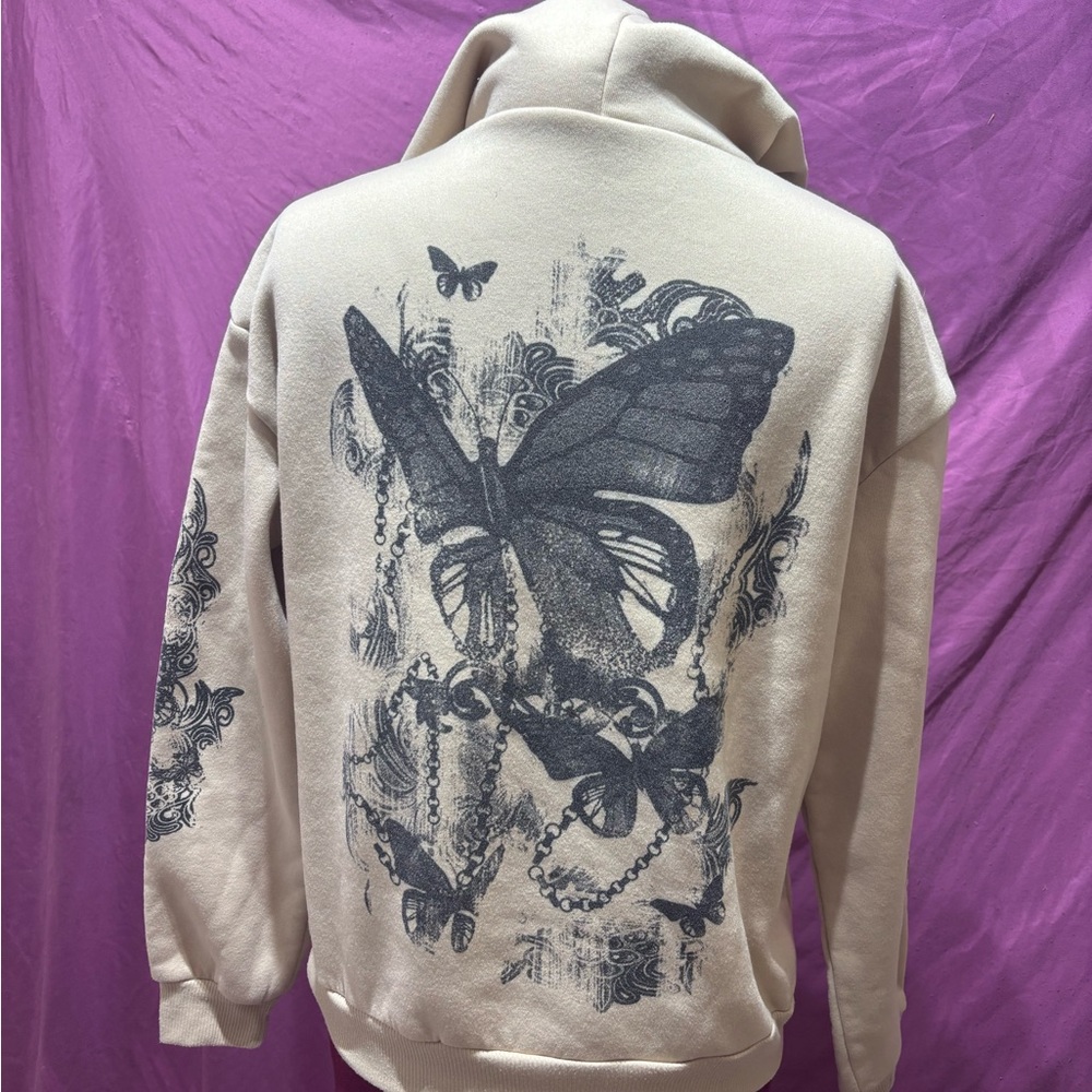 ROMWE Tan and Black Butterfly Hoodie, Butterflies Women’s Sweatshirt XS Y2K